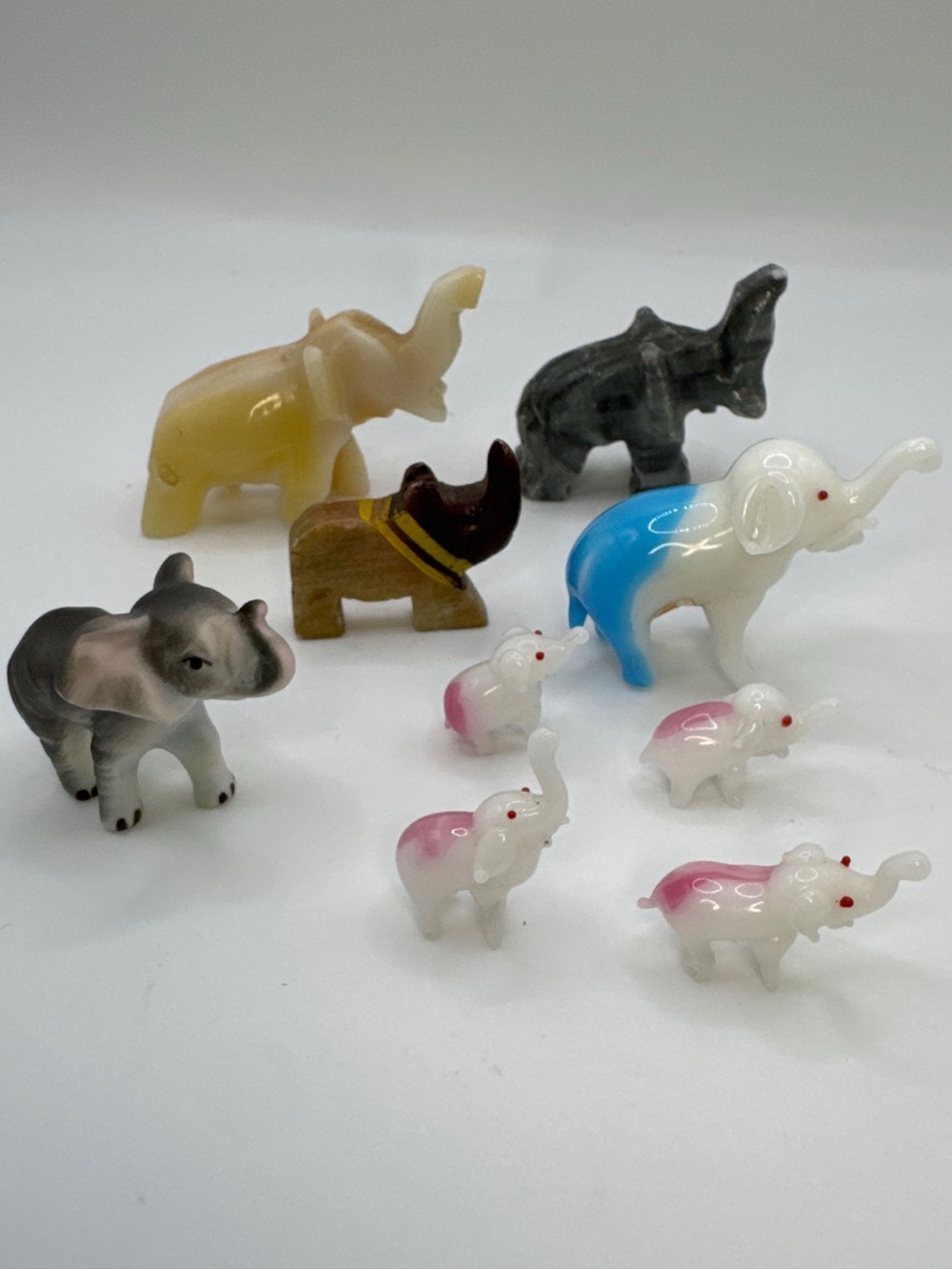 Vintage Miniature Elephant & Rhino Figurine Lot Glass Stone Porcelain 1-2” Tall